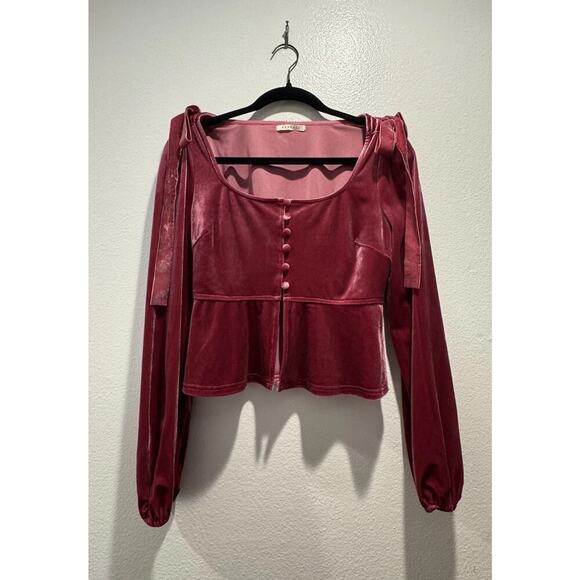Baevely Pink Velvet Long Sleeve Button Front Top Shoulder Bow Coquette Blouse - Picture 1 of 7